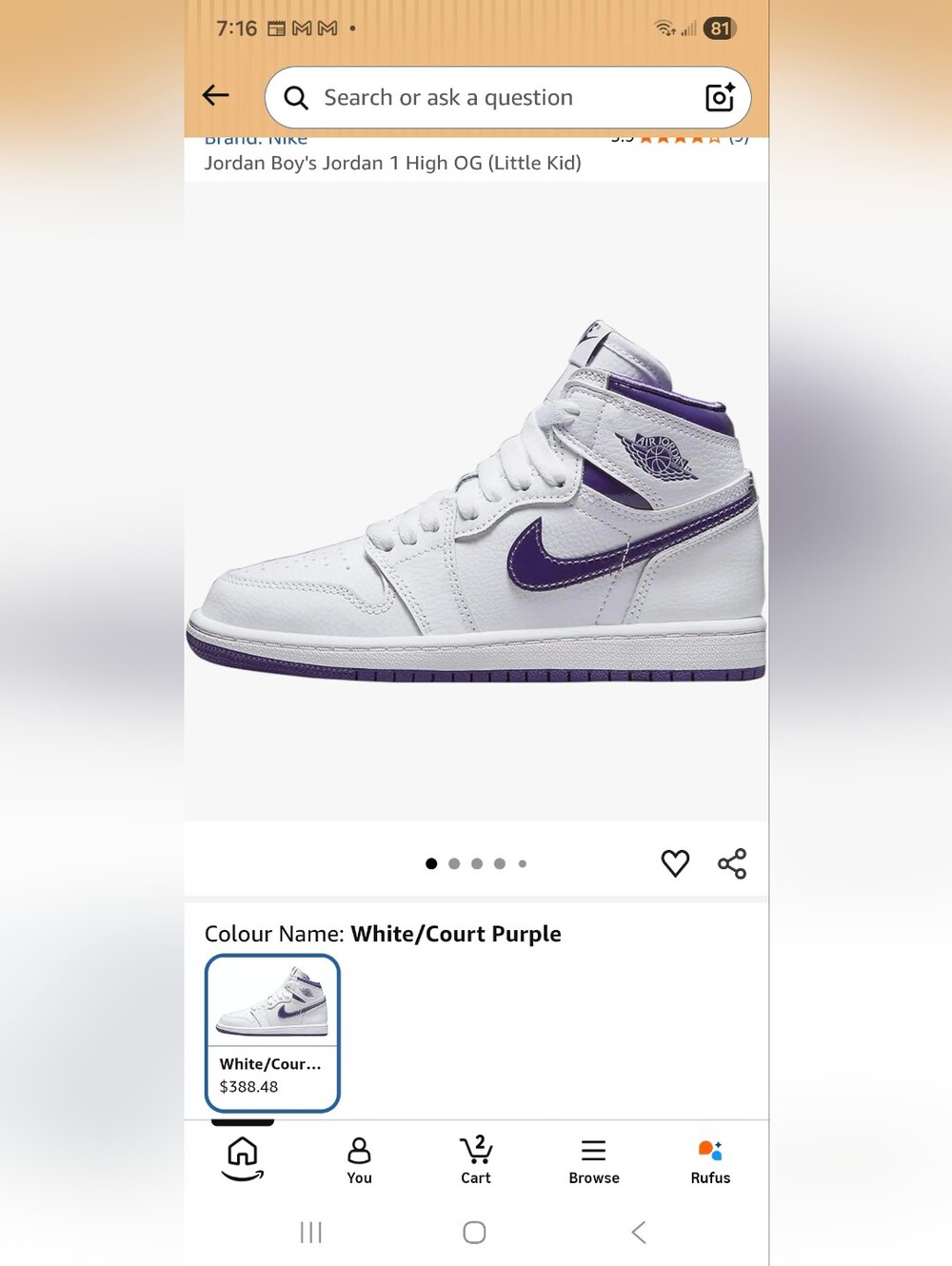 Nike Jordan 1 SNEAKERS White and Court Purple High-Top Sneakers SZ 8.5W